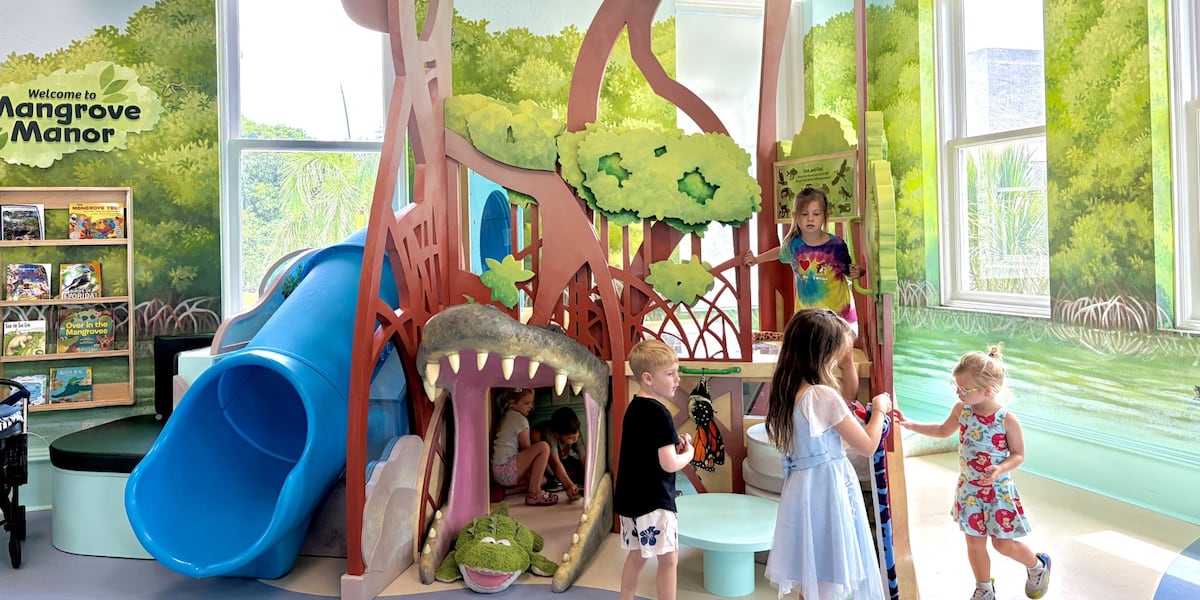 Children exploring the colorful Mangrove Manor exhibit inside the Schoolhouse Children's Museum